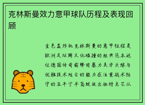 克林斯曼效力意甲球队历程及表现回顾