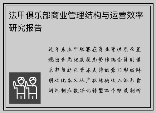 法甲俱乐部商业管理结构与运营效率研究报告