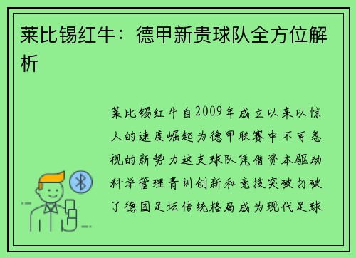 莱比锡红牛：德甲新贵球队全方位解析